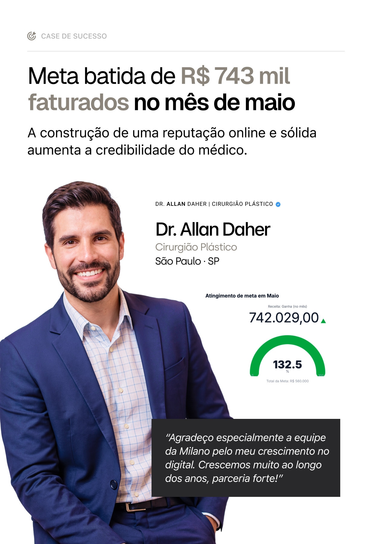 Case de sucesso do Dr. Allan Daher: meta batida de R$ 743 mil faturados no mês de maio